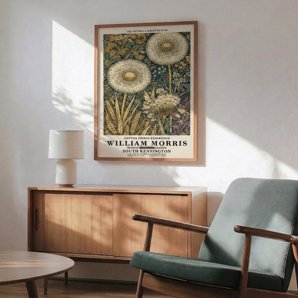 Art Nouveau poster art displaying intricately patterned dandelion flowers amid graceful botanicals in cream, sage, and muted jewel tones.