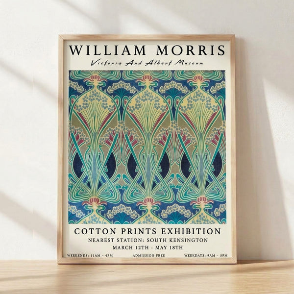 Art Nouveau textile pattern poster featuring ornamental flowers and botanical motifs in navy blue, cream, teal green, and dusty rose, displayed as framed wall art.