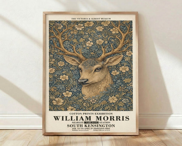 Framed Art Nouveau poster featuring an elegant stag with sprawling antlers surrounded by ornamental botanical patterns in teal, cream, and gold tones.
