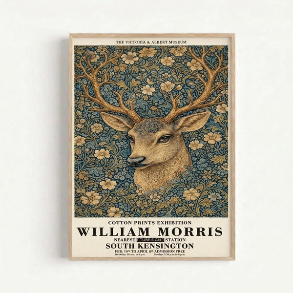 Vintage-style art print displaying a serene deer amid flowing floral motifs and decorative foliage in earthy ochre and teal hues on a cream background.