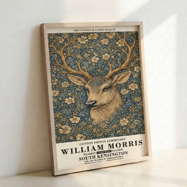 William Morris-inspired wall art showing a majestic stag framed by naturalistic flowers and leaf designs in a sophisticated Art Nouveau style.