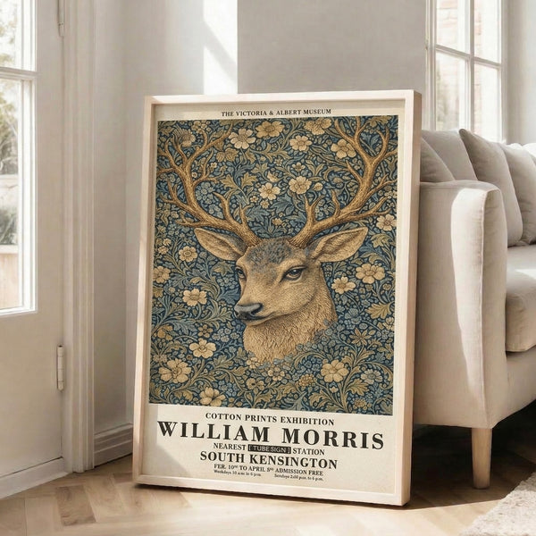 Framed poster depicting an ornamental stag with antlers interwoven with botanical elements in elegant teal, gold, and cream colorways.