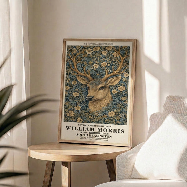 Serene Art Nouveau poster featuring an ornate stag amid flowing floral and leafy patterns in a palette of teal, cream, and soft gold accents.