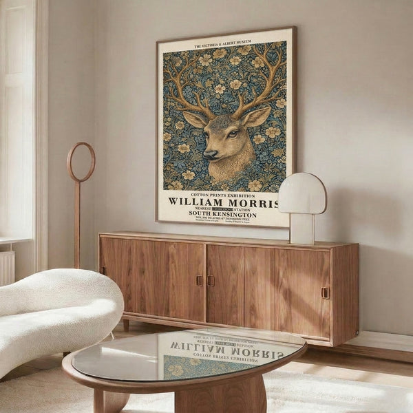 Naturalistic wall art print showing a stag with elaborate antlers integrated into an ornamental botanical design in vintage Art Nouveau style.