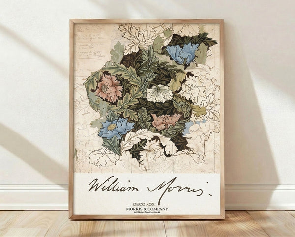 Art Nouveau botanical poster featuring an elegant bouquet of pink and blue flowers with green foliage against a cream background, framed on a wall.