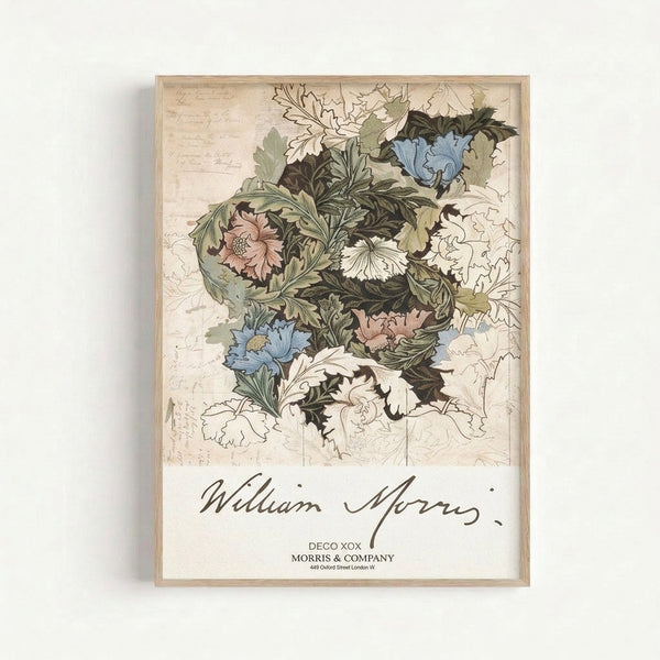 Vintage floral wall art in William Morris style with ornamental flowers and leaves in soft pink, blue, and green tones on cream, displayed as a framed print.