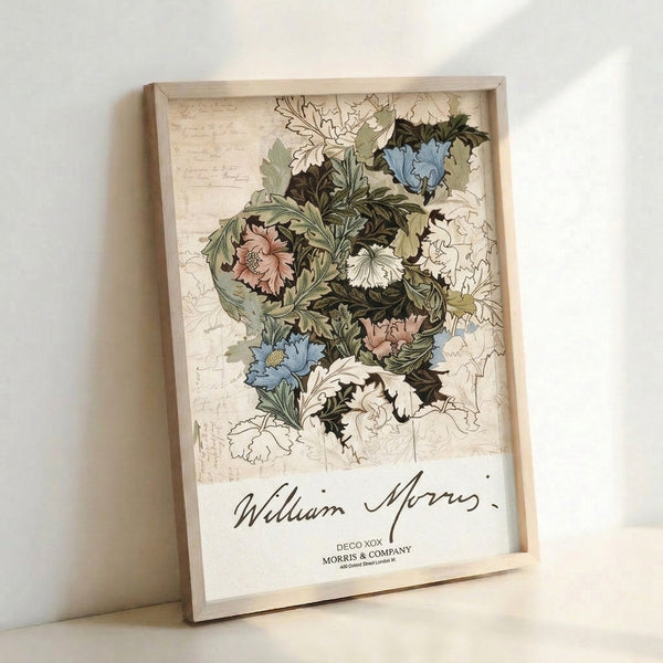 Framed Art Nouveau poster showcasing a naturalistic arrangement of blooming flowers with decorative green leaves in pink, blue, and black accents.