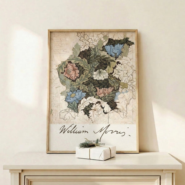 Elegant botanical wall art with densely patterned flowers and foliage in cream, green, and dusty blue hues, characteristic of vintage Art Nouveau design.