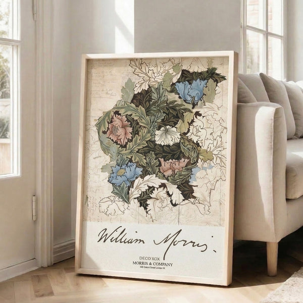 Ornamental floral poster featuring intricately arranged pink and blue blossoms with lush green leaves on a neutral cream ground, framed for display.