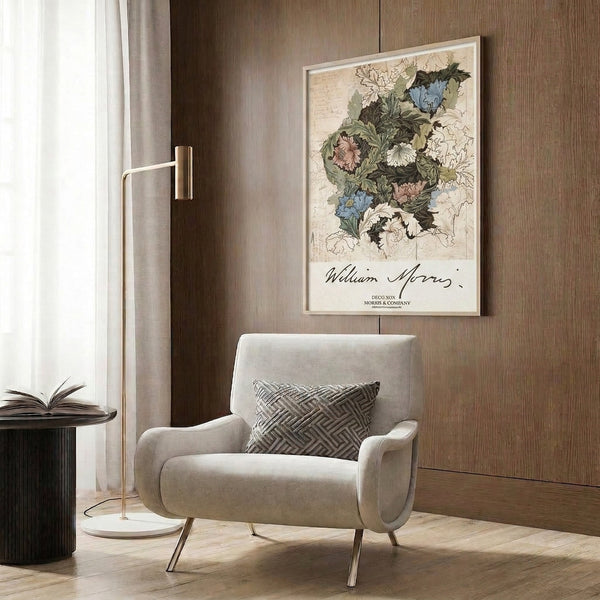 Art Nouveau framed print with an elaborate bouquet of flowers rendered in soft pink, blue, and green against a cream background with black details.