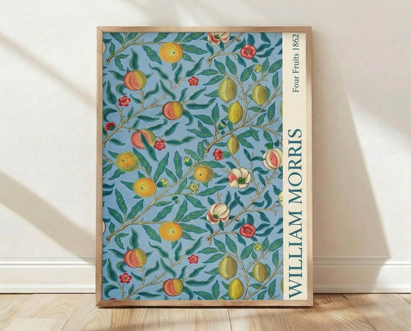 Art Nouveau botanical poster featuring peaches, lemons, and flowering branches with leaves in dusty blue, sage green, golden yellow, and coral red on cream background.