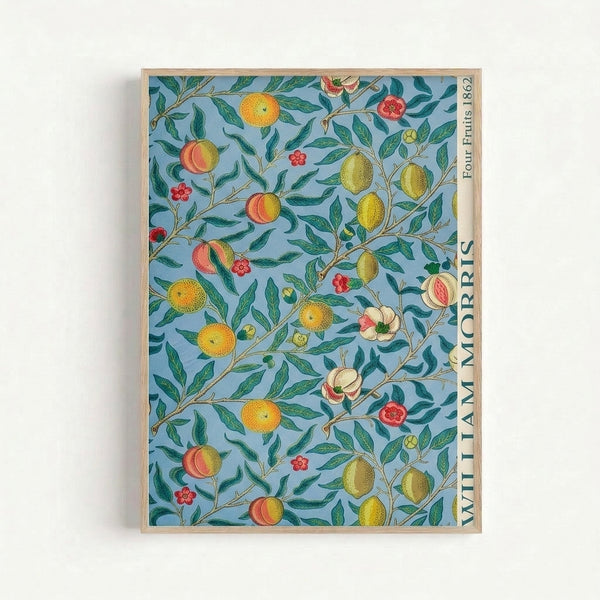 William Morris vintage fruit and flower design with elegant Art Nouveau style in muted earth tones, showing botanical branches with peaches and lemons framed on wall.
