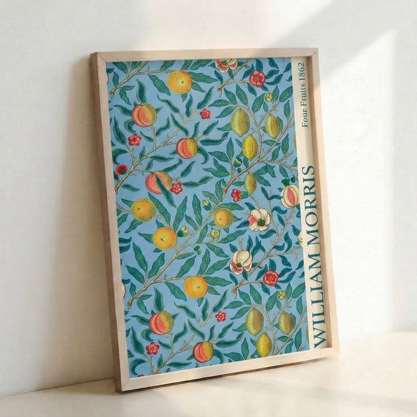 Serene botanical print displaying intertwined fruit branches and blooms in soft dusty blue and sage green with golden yellow and coral accents, vintage Art Nouveau composition.