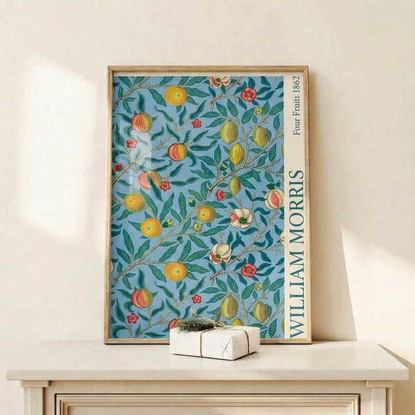 Framed Art Nouveau poster of stylized peaches, lemons, flowers and leafy branches in harmonious palette of muted blues, greens, yellows and warm coral tones.