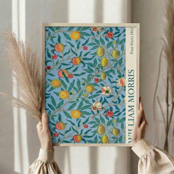 Botanical Art Nouveau poster with intertwined fruits and flowers in dusty blue, sage green, golden yellow and coral on cream, elegant and serene vintage design.