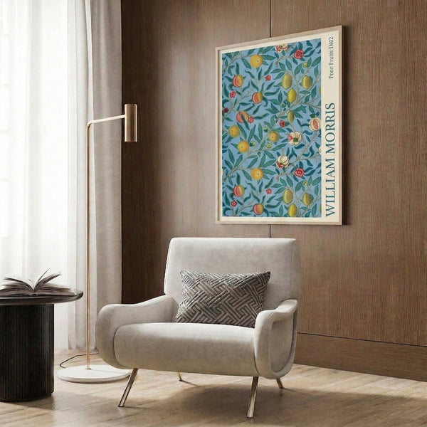 Art Nouveau fruit and floral botanical poster with flowing branches in harmonious palette of cream, dusty blue, sage, golden yellow and warm coral tones.