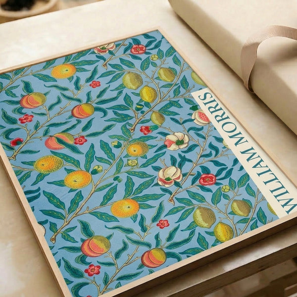 Elegant vintage poster featuring four fruits with intertwined flowering branches and foliage in muted dusty blue, sage green, golden yellow and coral.