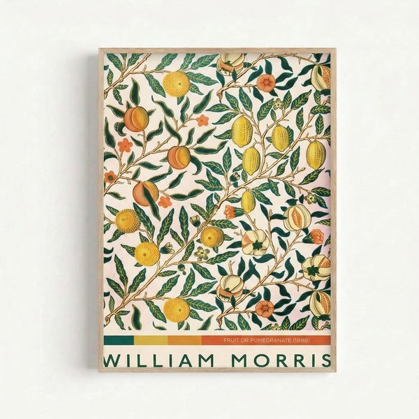 Vintage William Morris-style framed poster displaying elegant fruit and botanical motif with pomegranate, lemon, and leafy branches in muted greens and warm orange hues.