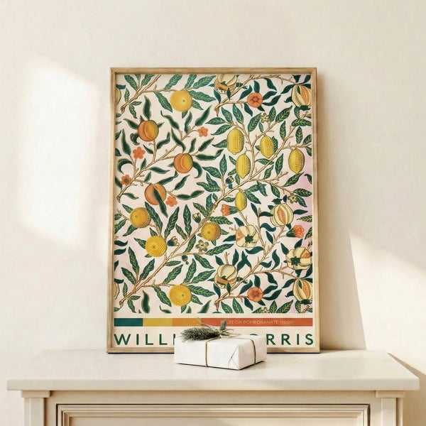 Peaceful botanical art print in the William Morris tradition, featuring pomegranates, lemons, and flowering branches with intricate leaf patterns in earthy forest green and rust tones.