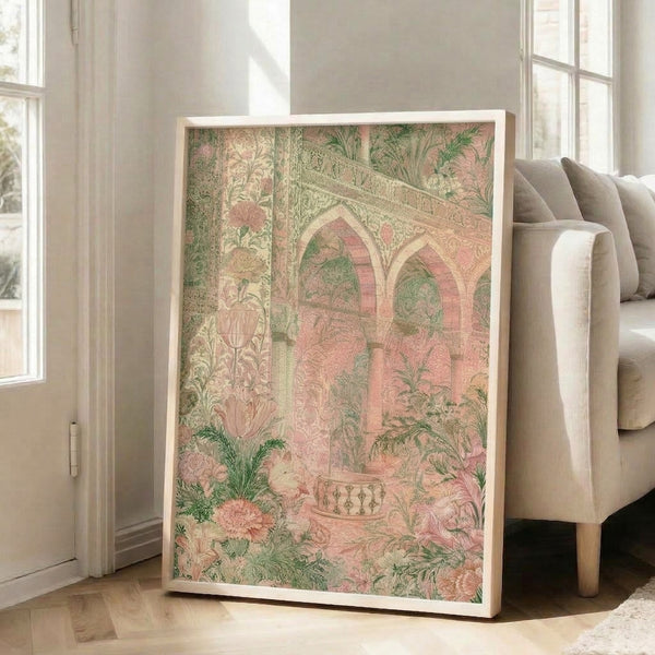 Vintage-style floral print with romantic garden archways and lush foliage in soft mauve, dusty gold, and blush hues, displayed as framed wall art.