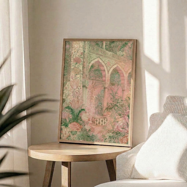 Ornate garden scene with flowering vines framing architectural arches and a peaceful fountain, rendered in Art Nouveau style with rose, sage, and cream palette.