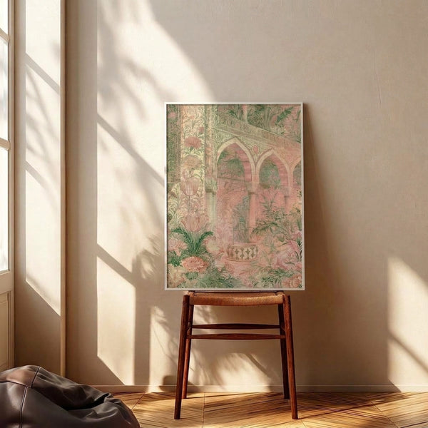 Romantic botanical wall art depicting a chinoiserie-inspired garden with blooming flowers, trailing plants, and elegant arches in nostalgic peachy-pink and soft green tones.