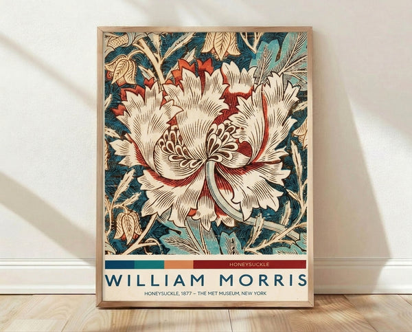 Art Nouveau botanical poster featuring honeysuckle flowers and intertwining leaves in deep teal, rust red, and cream tones on a tan background.