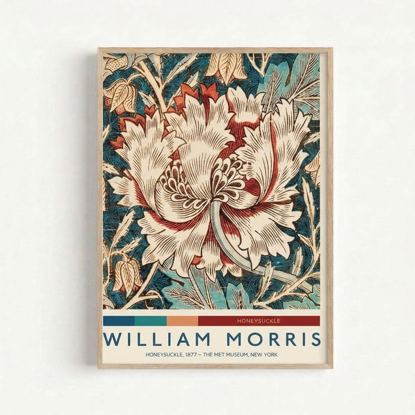 Framed vintage-style floral wallpaper design with elegantly rendered honeysuckle blooms and foliage in naturalistic Art Nouveau style.