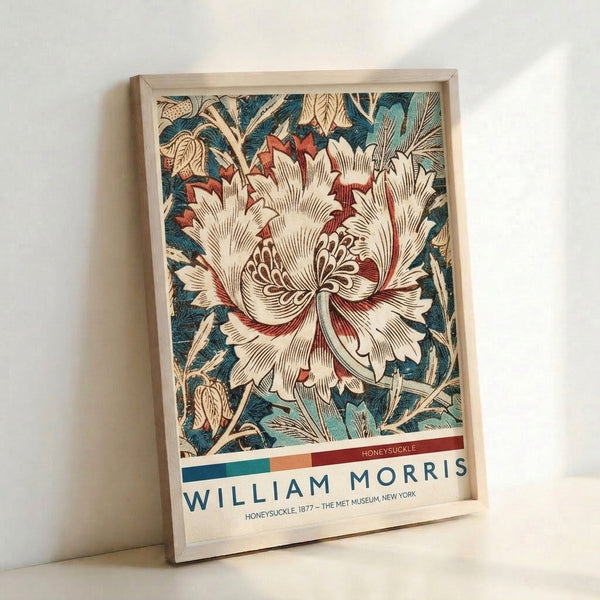 Decorative Art Nouveau print showcasing delicate honeysuckle flowers and scrolling leaves in rich jewel tones and earthy hues.