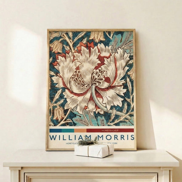 Classic William Morris-inspired botanical wall art with honeysuckle vines and flowers rendered in deep teal and rust accents against cream.