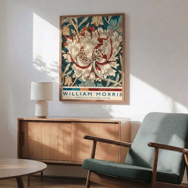 Framed botanical art print with William Morris-style honeysuckle pattern in deep jewel tones, cream, and rust red on warm neutral background.