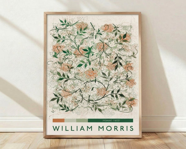 William Morris Jasmine botanical print featuring interwoven flowering vines and leaves in Art Nouveau style, rendered in cream, sage green, and terracotta tones on a framed poster.