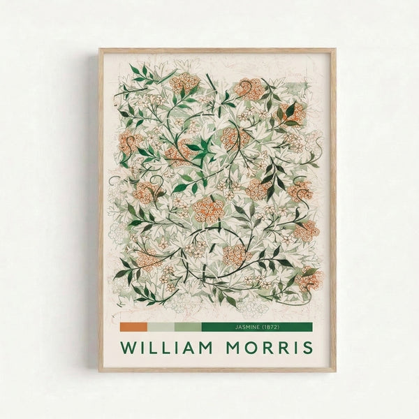Vintage Art Nouveau floral design with jasmine flowers and organic vine patterns in muted forest green and cream hues, displayed as a framed art print.