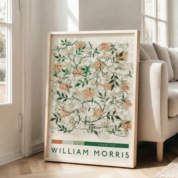 Art Nouveau jasmine botanical composition with flowing leaves and flowers in earthy cream, terracotta, and green tones, presented as a vintage-style framed print.