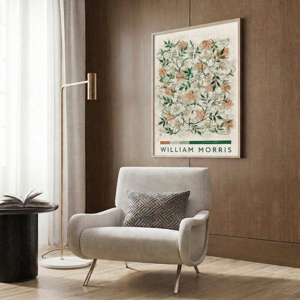 William Morris-inspired jasmine botanical print with organic vine and leaf patterns in warm cream and forest green, displayed in frame on wall.