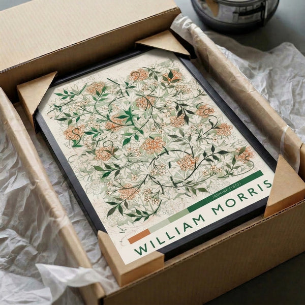 Decorative vintage botanical artwork of jasmine flowers and foliage rendered in muted terracotta, sage, and cream tones in Art Nouveau style, framed poster.