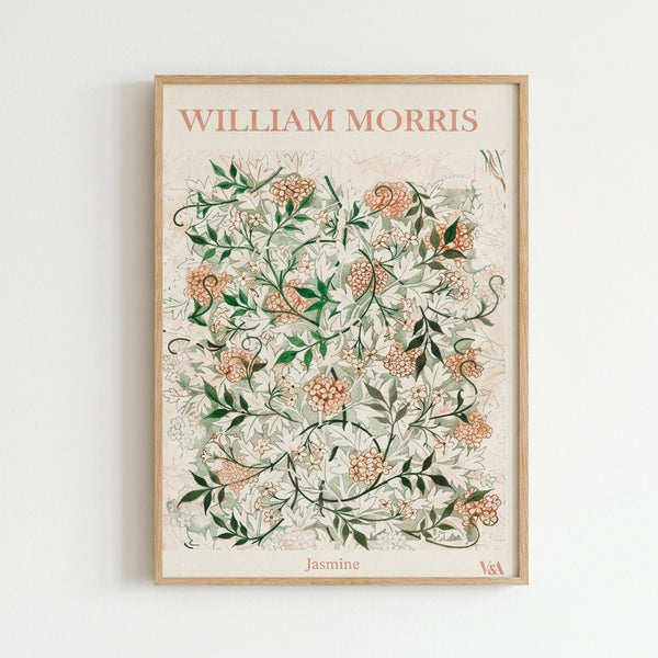 William Morris-style vintage poster with naturalistic jasmine blooms and leafy tendrils in sage and coral tones, displayed as framed wall art.