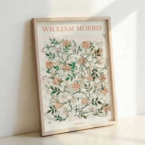 Elegant botanical wall art in Art Nouveau style showing jasmine flowers intertwined with green foliage in warm cream, pink, and sage palette.