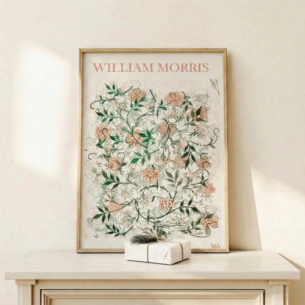 Peaceful vintage-inspired poster of jasmine botanical design with ornamental leaves and vines in soft coral-pink and forest green hues.