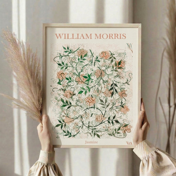Serene botanical framed print with jasmine flowers and leafy vines rendered in elegant Art Nouveau style using cream, tan, and soft green palette.