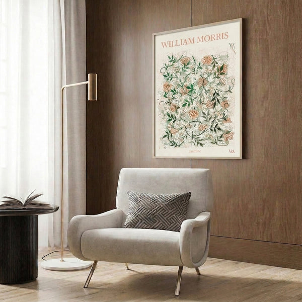Elegant framed art displaying stylized jasmine flowers with ornate foliage in naturalistic Art Nouveau design, palette of pink, green, and cream.