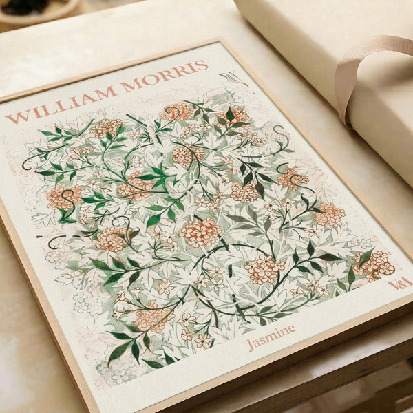 Vintage museum-style poster of jasmine botanical composition with intertwining leaves and flowers in Art Nouveau aesthetic, warm cream and sage tones.