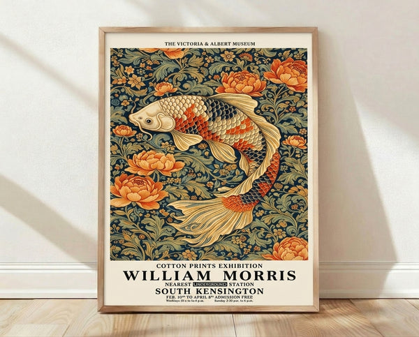 Art Nouveau framed poster featuring ornate koi fish swimming among lotus flowers in navy blue, cream, orange, and sage green with gold accents.