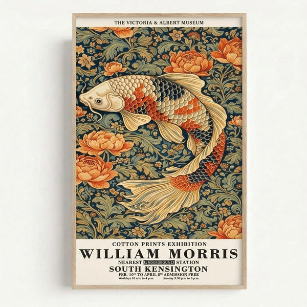 Elegant vintage exhibition print with stylized koi and botanical elements in rich jewel tones and cream, embodying Art Nouveau design principles.