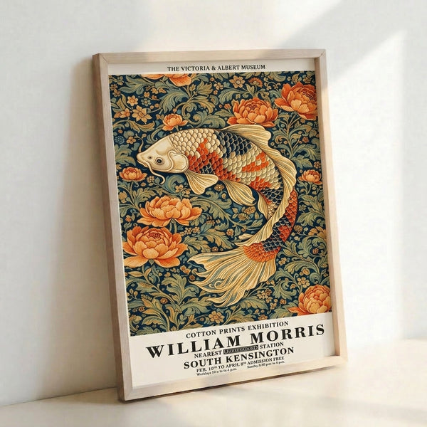 Serene Art Nouveau wall art depicting graceful koi fish and blooming lotus flowers in navy, sage, and gold on a cream background.