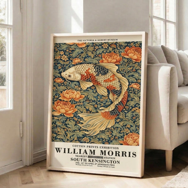 Ornate framed botanical poster in Art Nouveau style showcasing koi fish and lotus blossoms rendered in navy blue, orange, and sophisticated earth tones.
