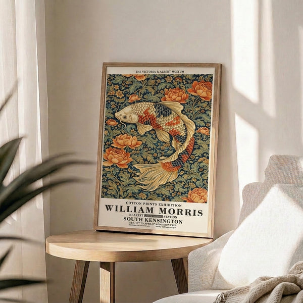 Vintage-inspired Art Nouveau print with swimming koi and decorative floral motifs in harmonious navy, cream, sage, and metallic gold hues.