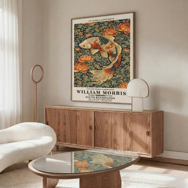 Framed Art Nouveau exhibition poster featuring ornamental koi fish and lotus flowers against a cream ground in deep blues, oranges, and sage green.