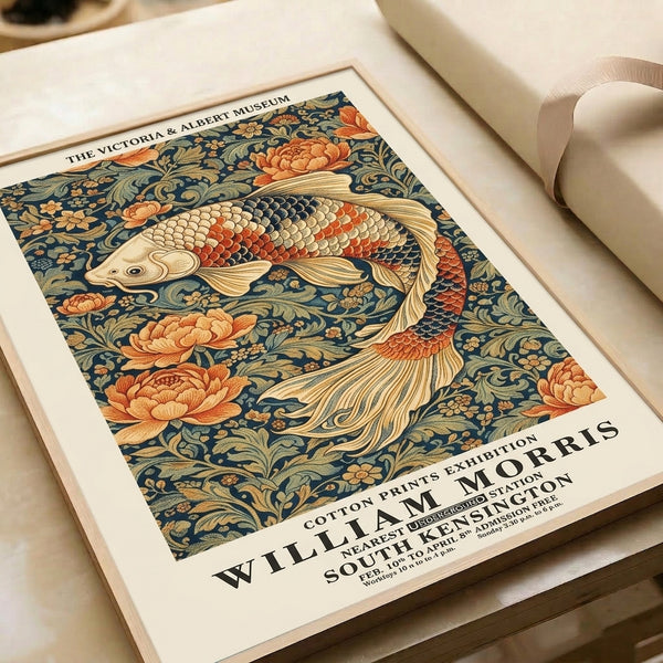 Elegant Art Nouveau wall print with intricate koi and botanical designs in a refined palette of navy blue, cream, orange, sage, and gold accents.