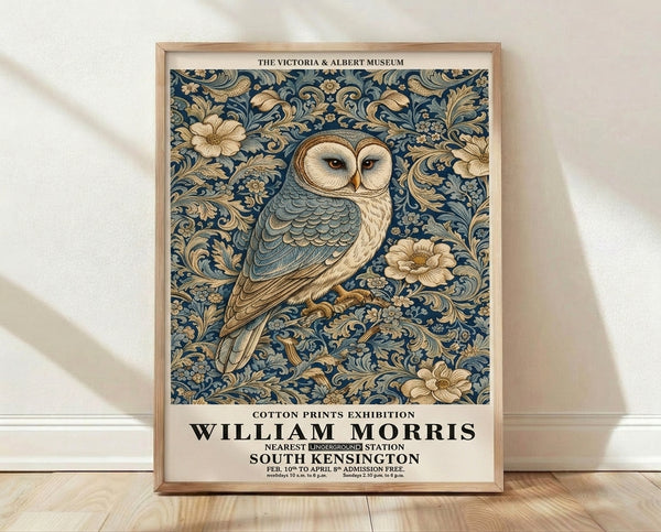 Art Nouveau framed poster featuring an elegant owl surrounded by ornate botanical foliage in deep blue, cream, and gold tones.